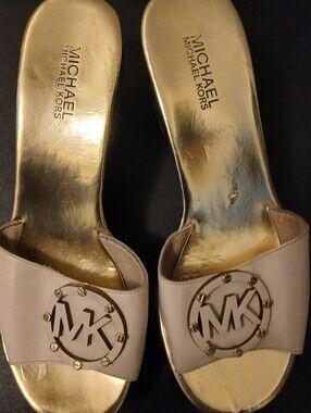 Michael Kors Gold Insole Nude/Tan Logo Slide Sandals
